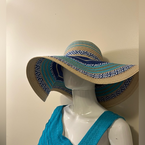 Tahari Blue and Tan Striped Wide Brim Sun Hat - NWOT - Picture 2 of 6